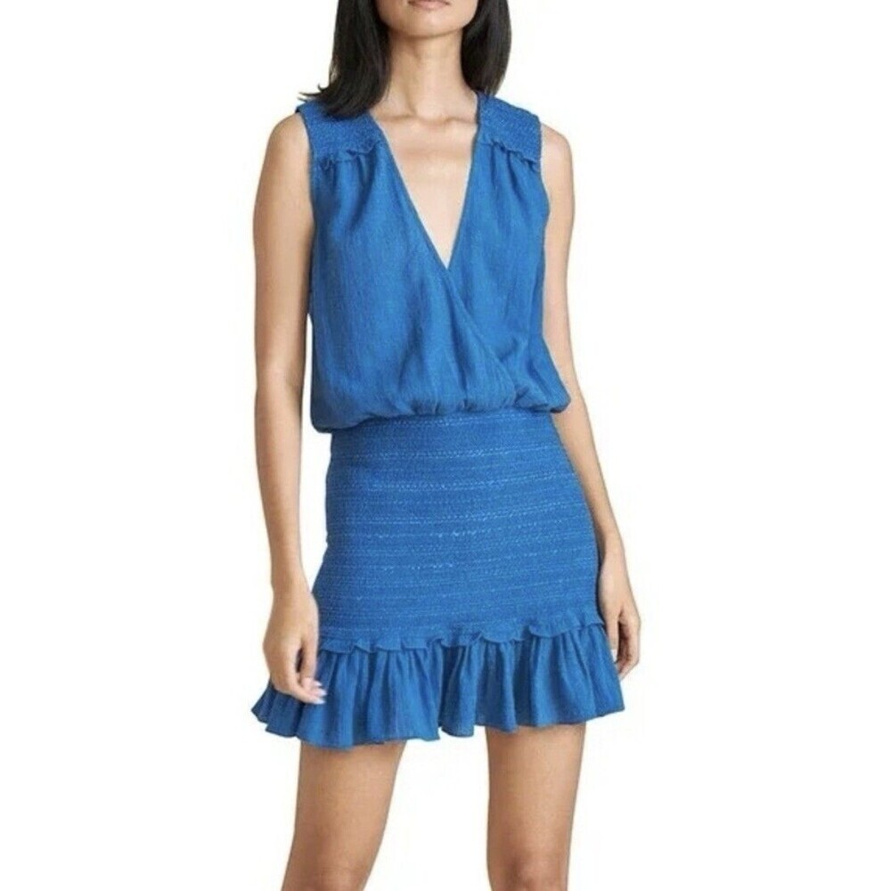 Veronica Beard Cox Blue V Neck Sleeveless Smocked Mini Dress Xl Coverup Vacation